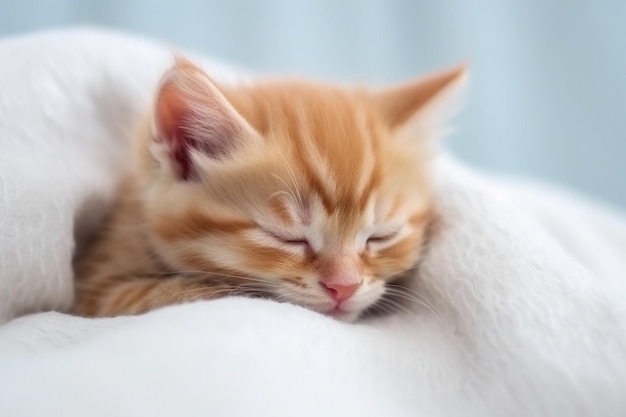 Lindo gatito rojo duerme sobre una manta blanca de piel