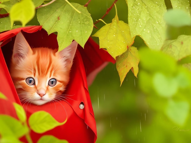 Lindo gatito rojo escondido de la lluvia bajo las hojas generado por ai