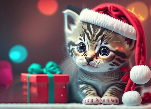 Lindo gatito rojo con gorro de Papá Noel aislado en blanco