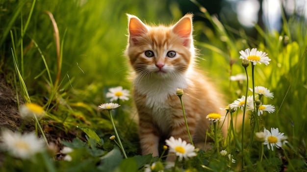 Un lindo gatito rojo se sienta entre la hierba verde