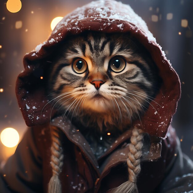 Un lindo gatito con ropa de invierno en el fondo de las luces navideñas generadas por la IA