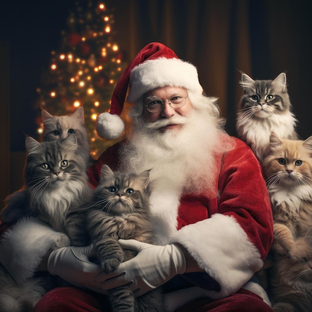 Lindo gatito con Santa Claus y árbol de Navidad en concepto de tarjeta de Navidad de fondo