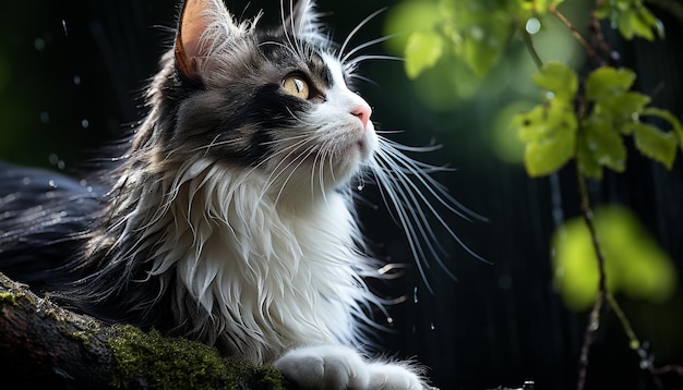 Lindo gatito sentado en el césped mirando con curiosos ojos juguetones generados por inteligencia artificial