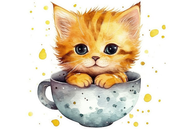 Lindo gatito sentado dentro de una taza de té en una pintura de acuarela IA generativa