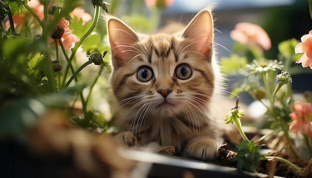 Lindo gatito sentado en la hierba disfrutando de la luz del sol de verano generada por inteligencia artificial