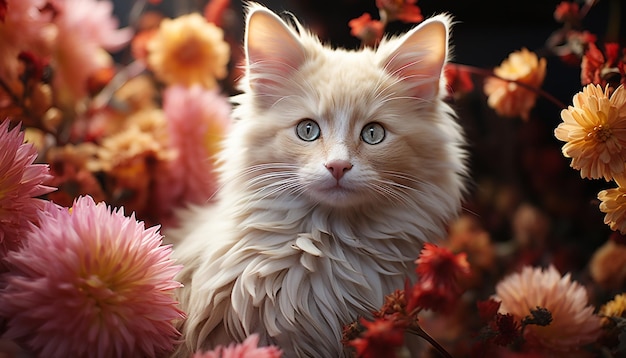 Un lindo gatito sentado en un jardín formal mirando una cámara generada por inteligencia artificial