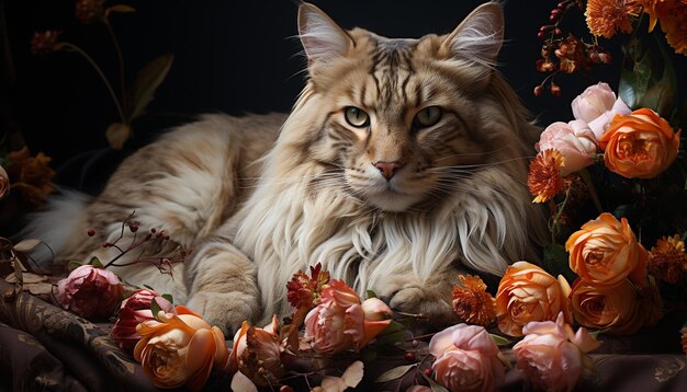 Foto lindo gatito sentado mirando a la cámara rodeado de hojas de otoño generadas por inteligencia artificial