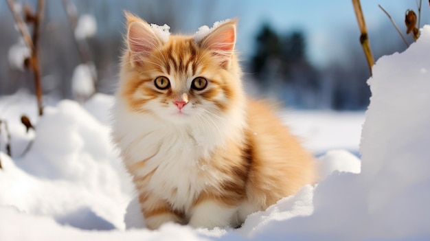 lindo gatito sentado en la nieve mirando a la cámara con curiosidades