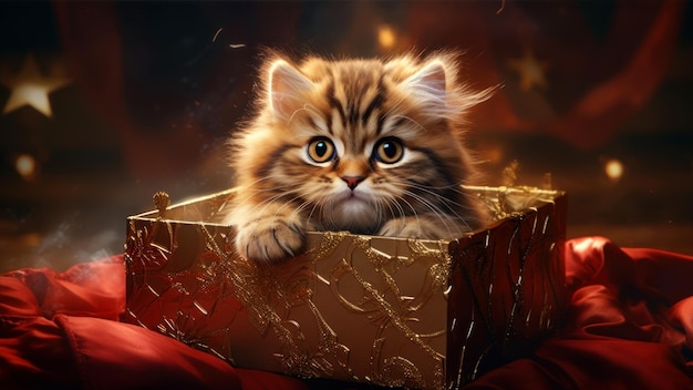 Un lindo gatito siberiano en una caja de regalo sobre un fondo oscuro