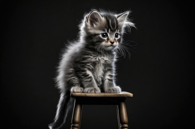 Lindo gatito se sienta en la silla alta fondo negro