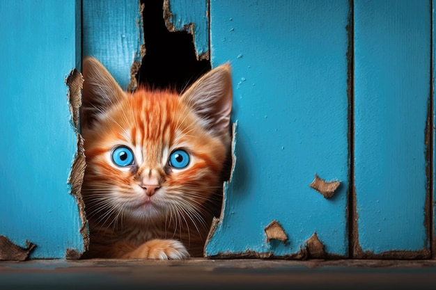 Lindo gatito sobre fondo de pared de madera azul Pequeño gato peludo rojo IA generativa