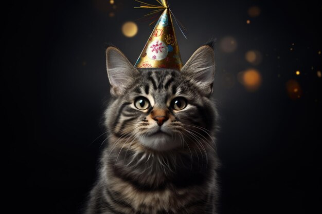 Foto lindo gatito con un sombrero de cumpleaños sobre fondo oscuro ia generativa