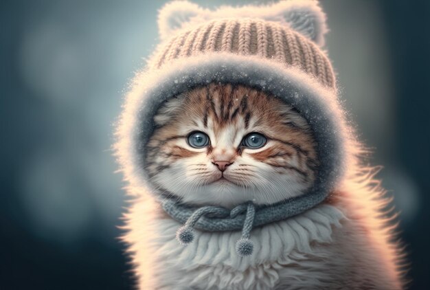 Lindo gatito con un sombrero de piel en el espacio de la copia fría