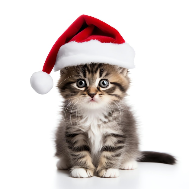 Lindo gatito con sombrero rojo de Navidad mira la cámara aislada sobre fondo blanco