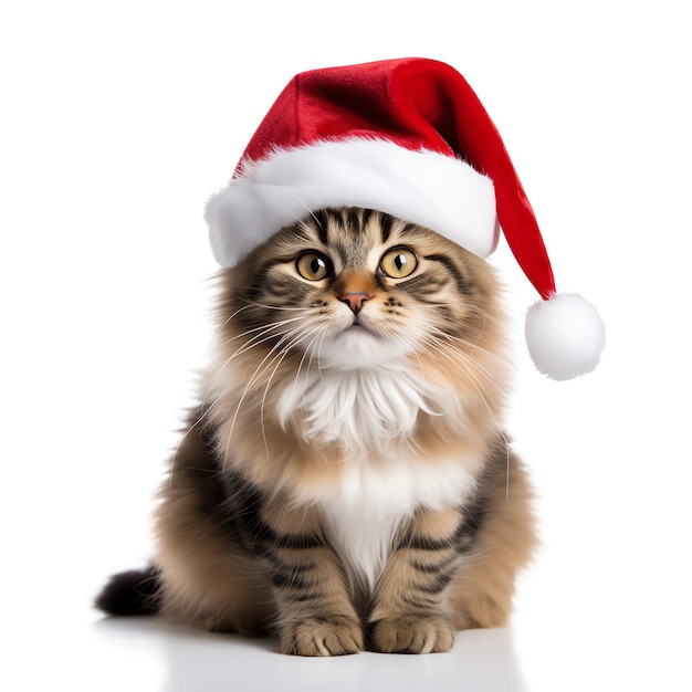 Lindo gatito con sombrero rojo de Navidad mira la cámara aislada sobre fondo blanco