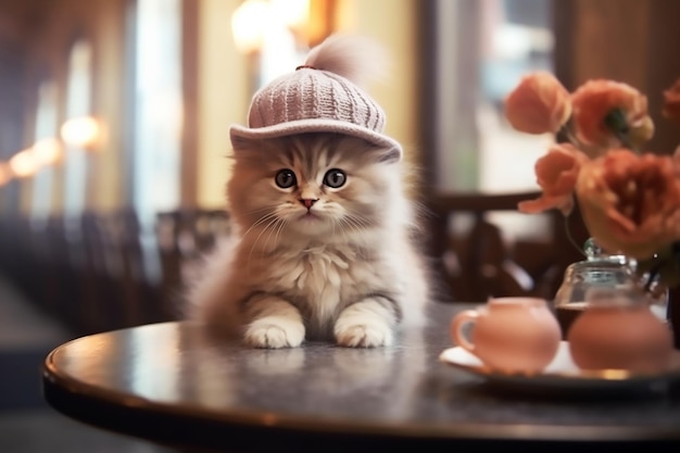 Lindo gatito con sombrero sentado en un café IA generativa