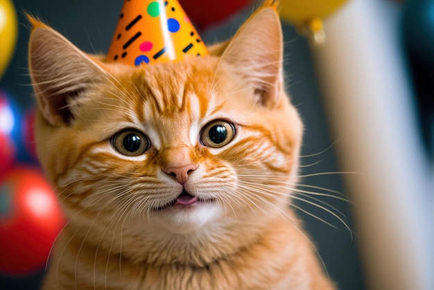 Un lindo gatito sonriente en una fiesta de cumpleaños generado por Ai