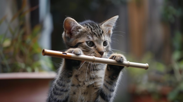 Foto un lindo gatito tabby está curiosamente sosteniendo una flauta en sus patas y mordiéndola