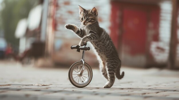 Foto un lindo gatito tabby está equilibrado en un pequeño monociclo el gatito está mirando a la cámara con una expresión curiosa