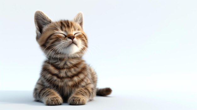 Foto un lindo gatito tabby está sentado sobre un fondo blanco el gatito está mirando hacia arriba con los ojos cerrados y tiene una expresión de satisfacción en su cara