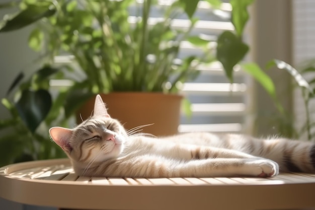 Lindo gato acostado en una alfombra suave en casa muchas plantas y luz suave Generado por IA