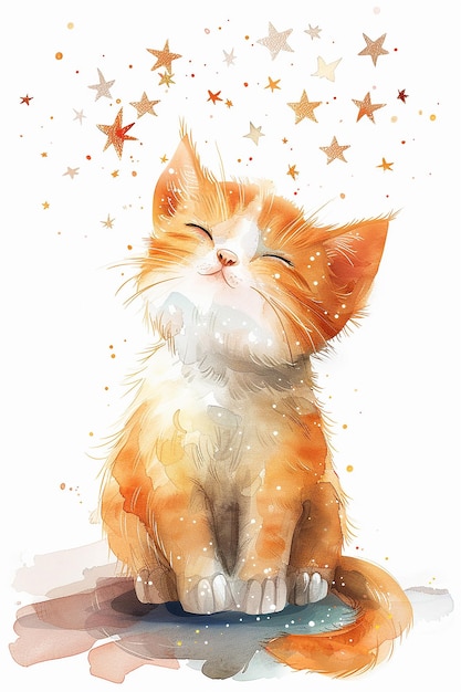 Foto un lindo gato de acuarela al estilo kawaii jugando con las estrellas