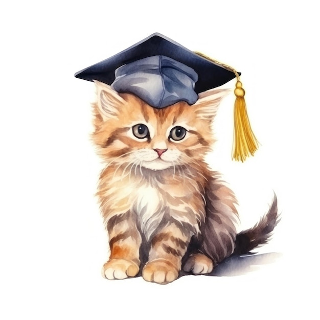 El lindo gato de acuarela en la gorra graduarion aislado