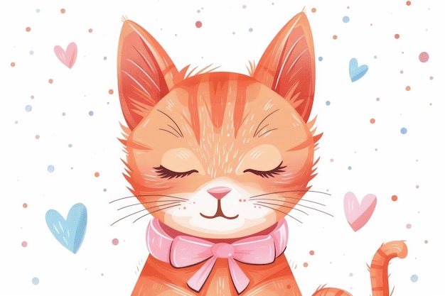 Foto lindo gato de acuarela roja con arco rosado ilustración vectorial de dibujos animados aislada sobre fondo blanco