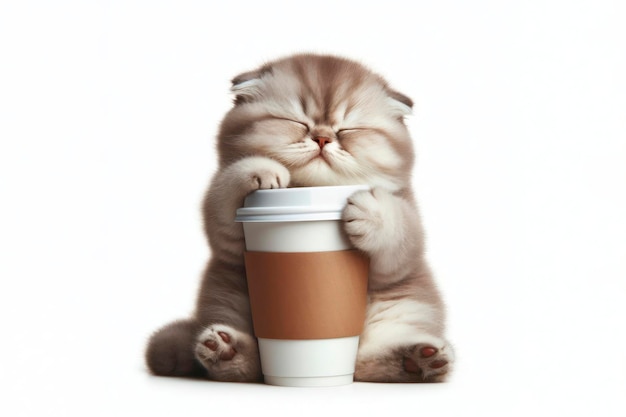 un lindo gato adormecido sosteniendo una taza de café aislado sobre un fondo blanco sólido