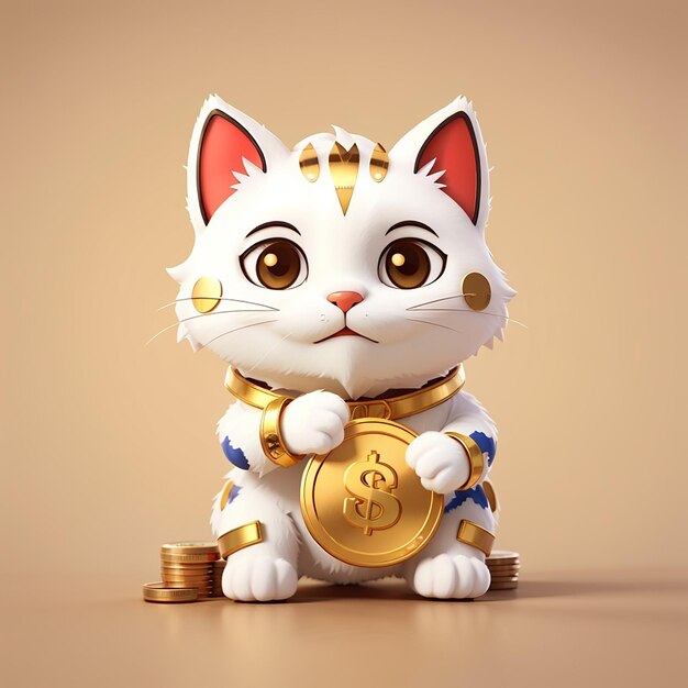 Un lindo gato afortunado sosteniendo una moneda de oro, dinero, dibujos animados, iconos vectoriales, ilustraciones, finanzas animales aisladas.