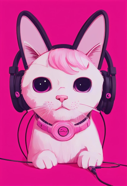 Lindo gato de anime usando auriculares. Gato rosa con auriculares. Ilustración Pintura.