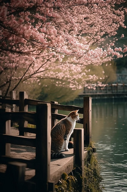 Lindo gato en un árbol floreciente al aire libre Lindo gato en un árbol de sakura flor de cerezo rama gatito ilustración AI generativo