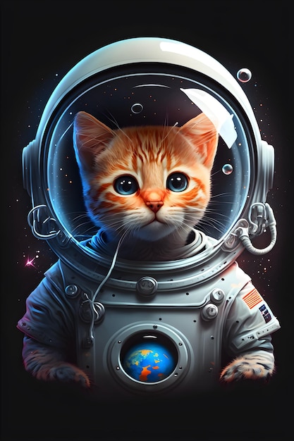 Foto lindo gato astronauta de pie de dibujos animados