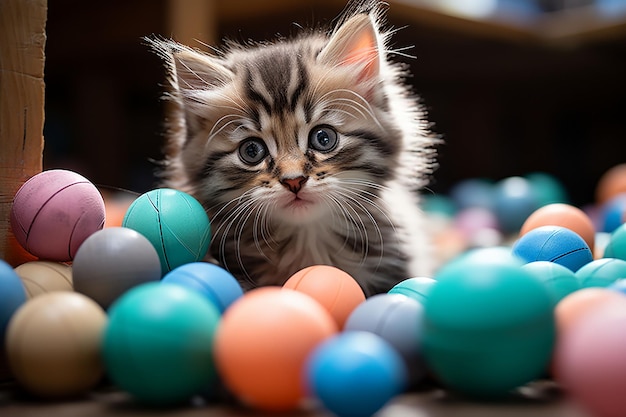 lindo gato asustado con bola de color generada por IA