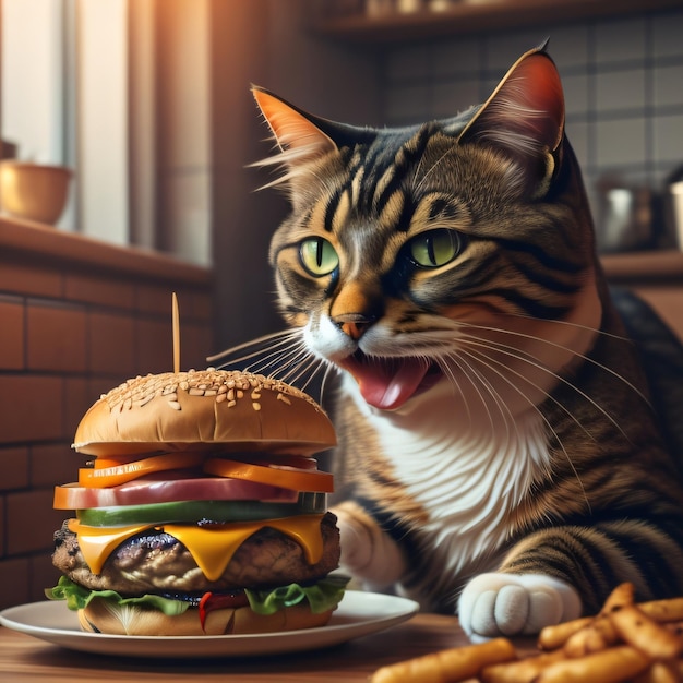 Lindo gato atigrado con deliciosa hamburguesa en mesa de madera