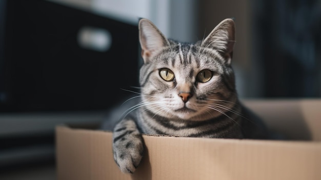Lindo gato atigrado gris en caja de cartón en el piso en casa caja de cartón con un gato