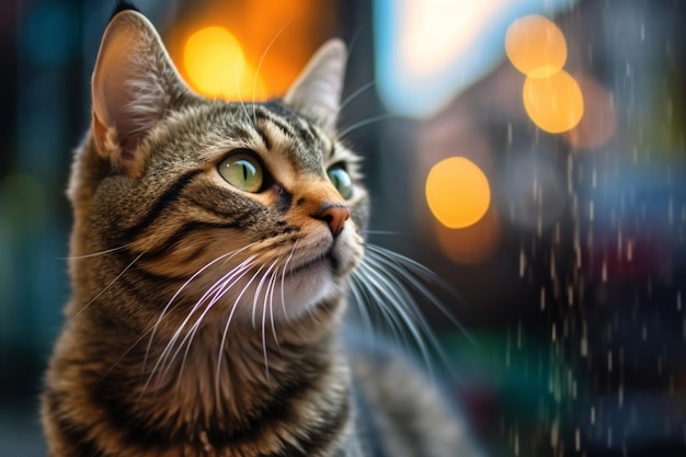 Lindo gato atigrado bajo la lluvia con fondo bokeh