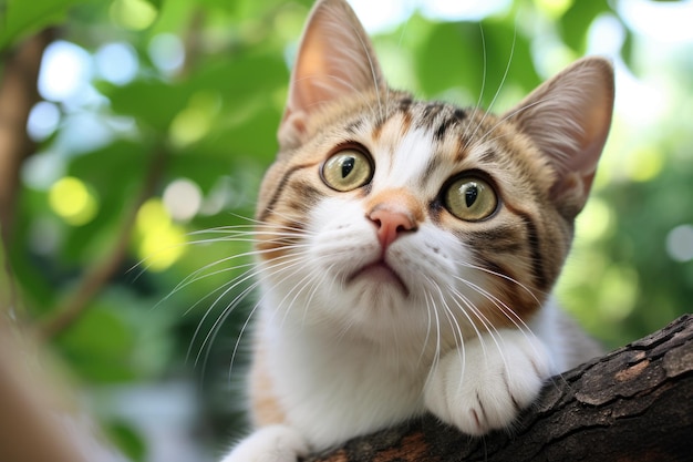 Lindo gato atigrado con ojos verdes sentado en un árbol en el jardín Lindo gato con ojos verdes acostado en la cama y mirando hacia arriba generado por IA