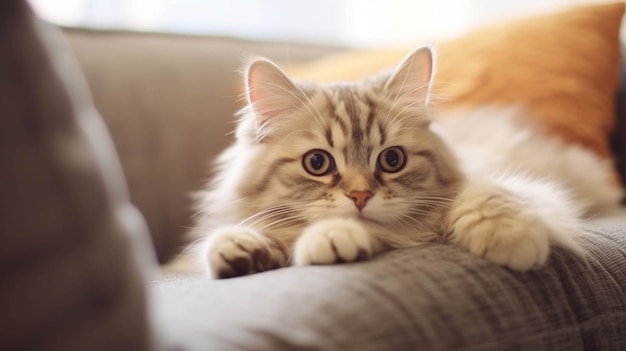 Lindo gato atigrado tumbado en el sofá de casa y mirando a la cámara