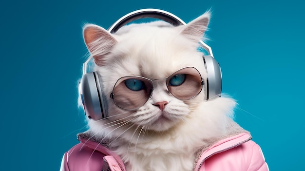 lindo gato en auriculares Ilustrador generativo de IA