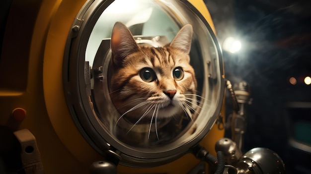 Lindo gato austronauta en la nave espacial