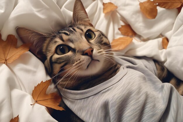 Lindo gato bengal acostado en la cama con hojas de otoño