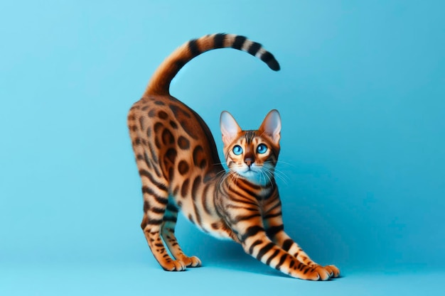 El lindo gato bengal se estira con gracia con su cuerpo esbelto y sus llamativos ojos azules contra un fondo de color