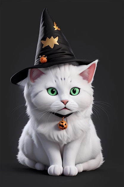 Un lindo gato blanco con un disfraz de bruja con temática de Halloween en estilo de arte 3D 4