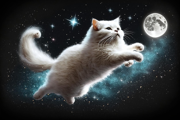 Un lindo gato blanco esponjoso saltando a un cielo estrellado con una luna brillante