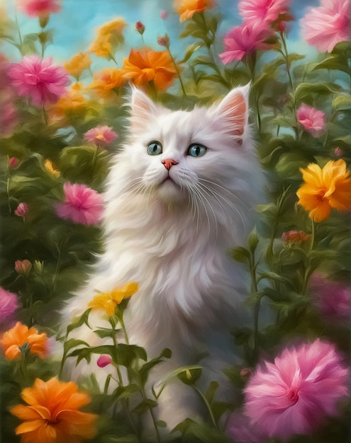 y lindo gato blanco fluffu sentado en un jardín lleno de flores