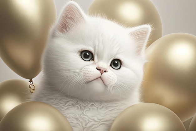 Lindo gato blanco con globos festivos dorados AI generado realista