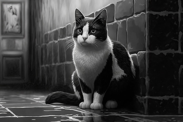 Lindo gato blanco y negro con una pared monocromática en el fondo