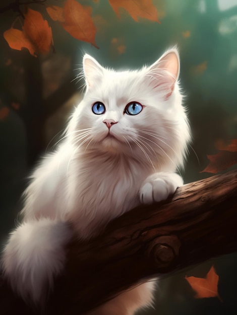 un lindo gato blanco de ojos impares en una pintura realista generada por ai