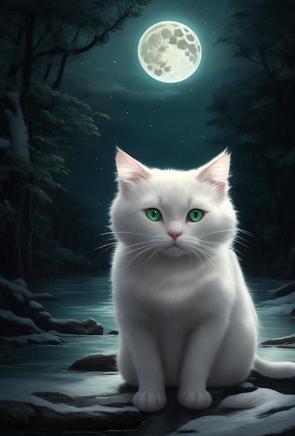 Un lindo gato blanco con ojos verdes inverna una luna llena un río profundo y una imagen misteriosa